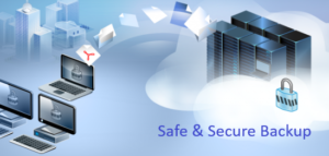 Laptops showing files migrating to a safe & secure backup in the cloud.