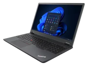 Lenovo ThinkPad P16v (16” AMD) mobile workstation, opened at an angle, showing keyboard, display with Windows 11 start-up screen, & right-side ports
