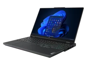 Side facing Lenovo Legion Pro 7 Gen 8 (16" AMD) gaming laptop, opened, showing display with Windows 11 bloom & icons, plus keyboard & right side ports