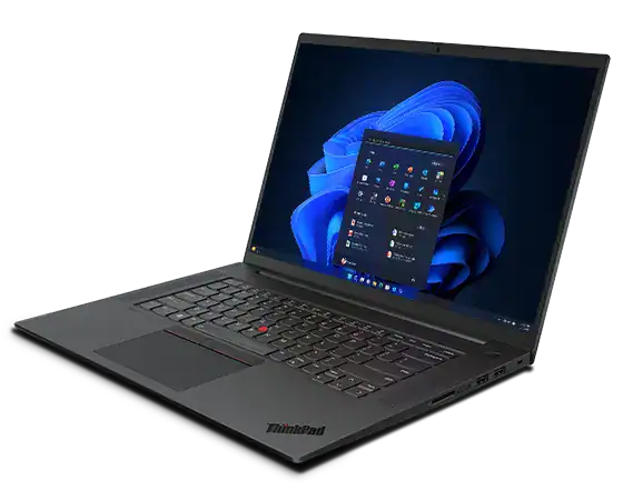 Forward-facing Lenovo ThinkPad P1 Gen 6 (16″ Intel) mobile workstation, opened at an angle, showing full keyboard, display with Windows 11 start-up screen, & right-side ports