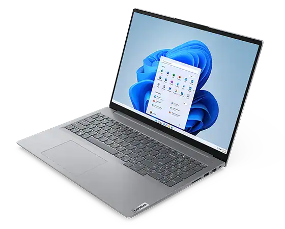 Overhead shot of Lenovo ThinkBook 16 Gen 6 laptop showing display with Windows 11 Start menu, keyboard, & right-side ports & slots.