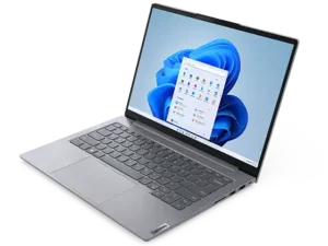 ThinkBook 14 Gen 6 (14″ Intel) laptop—right-front view, lid open, with Windows menu on the display