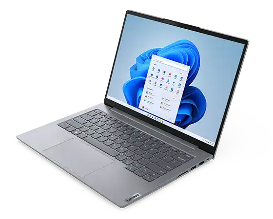 ThinkBook 14 Gen 6 (14″ Intel) laptop—right-front view, lid open, with Windows menu on the display