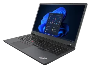 Lenovo ThinkPad P16v (16” Intel) mobile workstation, opened at an angle, showing keyboard, display with Windows 11 start-up screen, & right-side ports