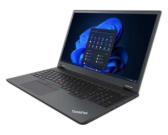 Lenovo ThinkPad P16v (16” Intel) mobile workstation, opened at an angle, showing keyboard, display with Windows 11 start-up screen, & right-side ports
