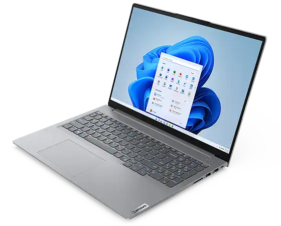Overhead shot of Lenovo ThinkBook 16 Gen 6 laptop showing display with Windows 11 Start menu, keyboard, & right-side ports & slots.