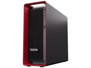 Right-side facing Lenovo ThinkStation P7 workstation, showing iconic ThinkPad red casing & front ports