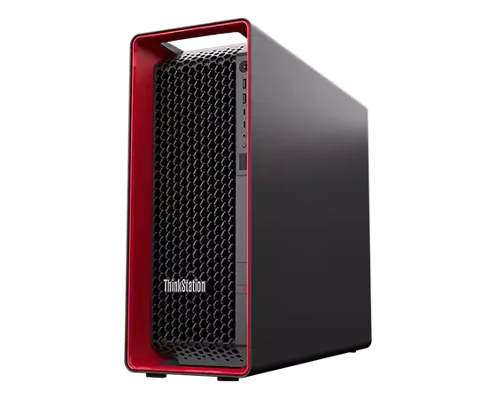 Right-side facing Lenovo ThinkStation P7 workstation, showing iconic ThinkPad red casing & front ports