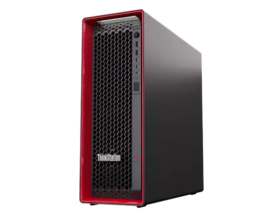 Right-side facing Lenovo ThinkStation P5 workstation, showing iconic red casing & front ports