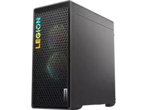 Front-right corner view of the Legion Tower 5 Gen 8 (AMD) gaming PC, viewed from low angle and revealing the mesh-vented front bezel and brightly lit Legion logo.