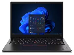Lenovo ThinkPad L13 Gen 5 laptop front-facing with home screen on display.