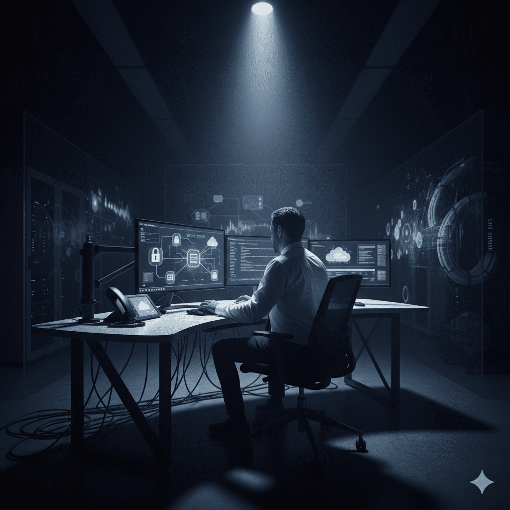 Cybersecurity analyst working at a desk with multiple monitors displaying network security dashboards in an operations center