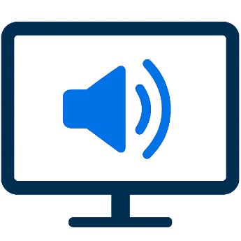 Computer monitor icon with a blue speaker symbol and sound waves representing audio output