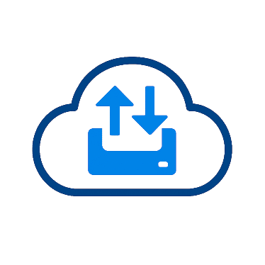 Cloud icon with a hard drive and up and down arrows representing cloud storage and data transfer