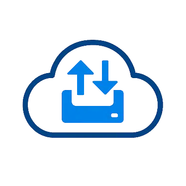 Cloud storage icon showing a cloud outline with upload and download arrows over a hard drive symbol, representing cloud solutions