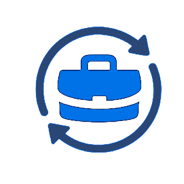 briefcase icon with circular arrows representing business continuity or workflow process
