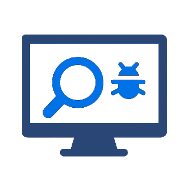 Computer monitor displaying a magnifying glass and a bug symbol, representing malware detection or cybersecurity threat analysis