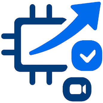 Microchip icon with upward arrow, checkmark, and video camera symbol representing technology growth