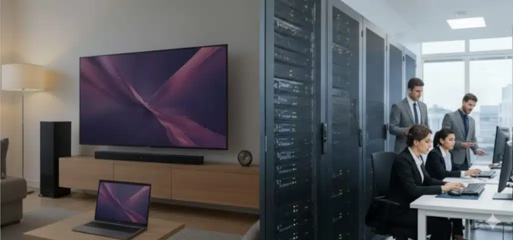 “Modern office space featuring a large flat-screen TV and laptop on a wooden table in the foreground, adjacent to a server room with multiple tall racks of networking equipment. Two desks with computer monitors are positioned near the servers, and large windows provide natural light in the background.