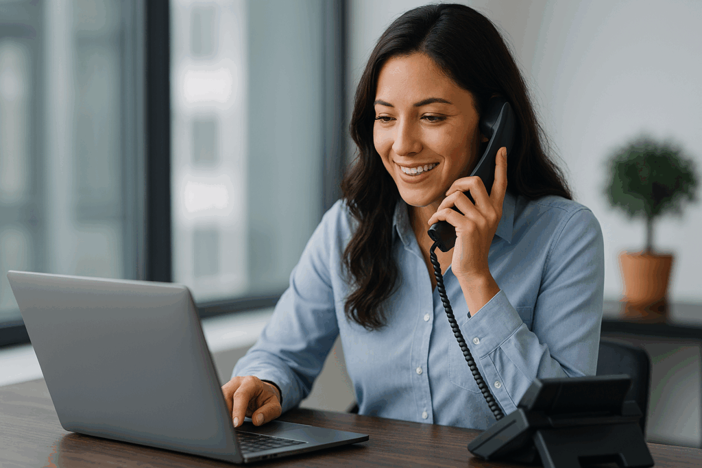 Person working at a desk using a laptop and speaking on a VoIP phone
