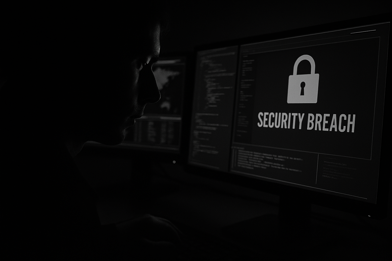 Cybersecurity scene showing two computer monitors with code and red warning screen displaying a padlock icon and the text 'Security Breach'