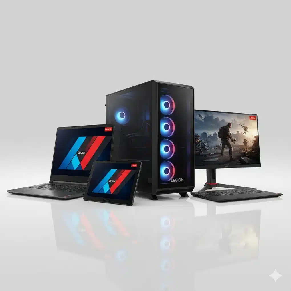 Lenovo Legion gaming setup with RGB desktop tower, widescreen monitor showing an action game, laptop, and tablet on a reflective surface.