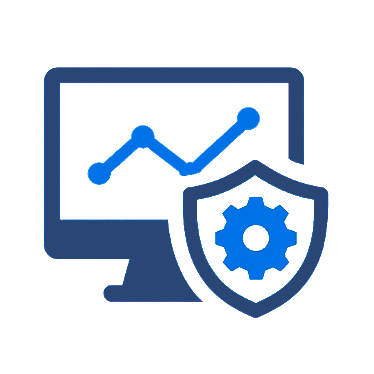 Computer monitor with analytics graph and shield icon with gear representing system monitoring and configuration