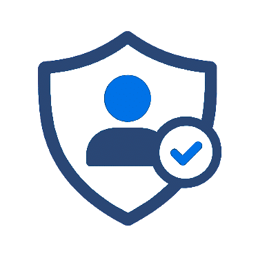 Shield icon with a user silhouette in the center and a checkmark badge, representing human management