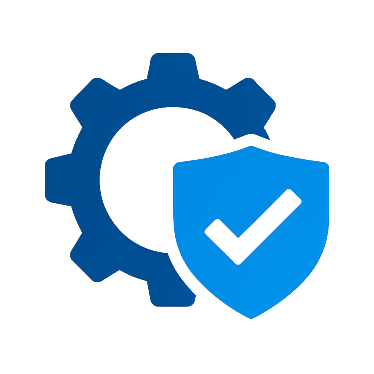 Gear icon with a shield and checkmark representing secure configuration and system protection