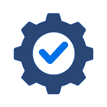 Gear icon with a checkmark inside representing verified configuration or successful system setup