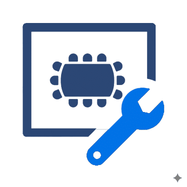 Conference table icon inside a square with a wrench overlay representing configurations