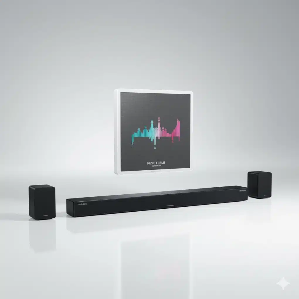 Minimalist Samsung Soundbar system featuring wall-mounted speaker with soundwave graphic, soundbar, and two satellite speakers