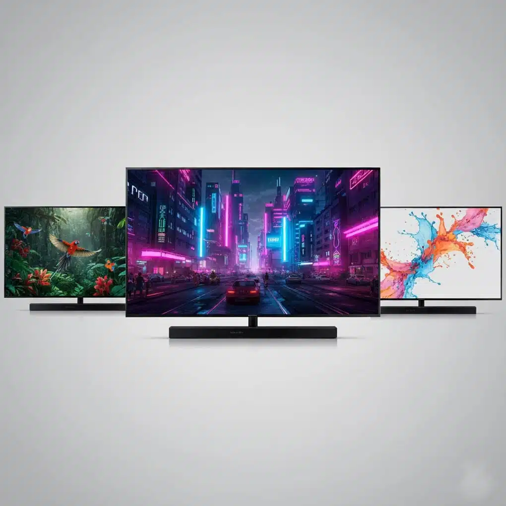 Three Samsung Televisions displaying vibrant visuals: neon cityscape, tropical jungle, and colorful abstract art.