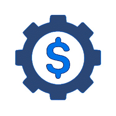 Blue gear icon with a dollar sign in the center representing cost efficiency
