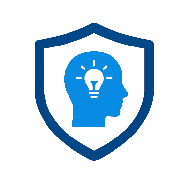 Shield icon with a head silhouette and a light bulb inside representing knowledge and training