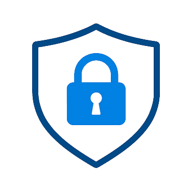 Blue shield icon with a padlock in the center representing security and data protection