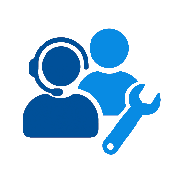 Two figures with a headset and a wrench icon representing technical support and customer service