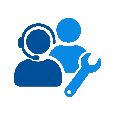 Blue icon depicting two stylized figures, one wearing a headset and the other behind, with a wrench symbol in the foreground, representing onsite and remote technical support