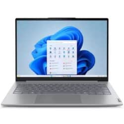 Lenovo ThinkBook 14 Gen 8 (14 inch Intel) laptop, focusing its thin bezels, full-size keyboard, & a Windows 11 Pro menu opened on screen with some app icons.