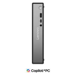 Front, vertical view of Lenovo ThinkCentre Neo 50q (Snapdragon) Tiny PC, focusing its responsive ports & power button on the front in luna grey color.
