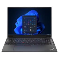 Lenovo ThinkPad E16 Gen 2 (16" AMD) laptop — front view, lid open, Windows menu on the display