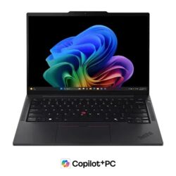 Close-up, front view of Lenovo ThinkPad T14s Gen 6 (14 inch AMD) laptop open, focusing its screen with Windows 11 pro menu & a communications bar along with its smooth keyboard, touchpoint, & touchpad.