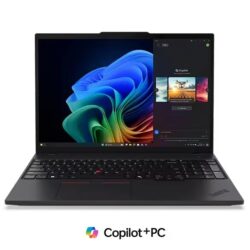 Lenovo ThinkPad T16 Gen 4 (16" Intel) laptop – front view, lid open with Copilot menu against multicolored Windows Bloom background on the display