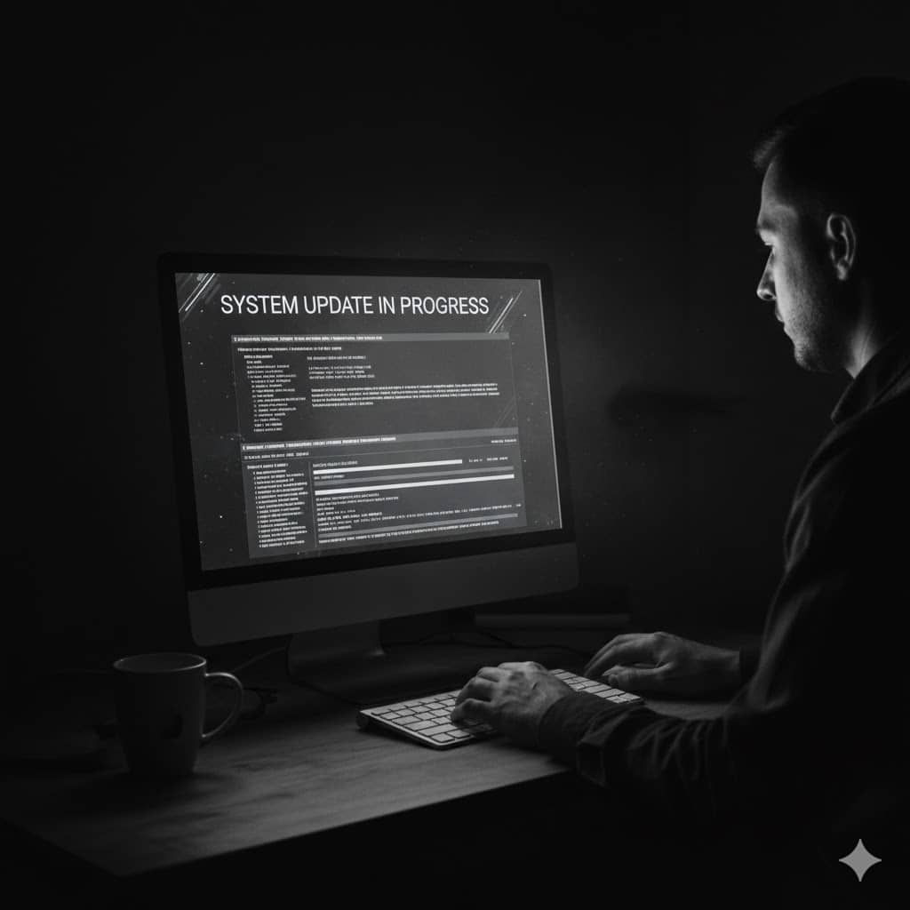 Photo of a desktop computer displaying a screen with the text 'update in progress' and detailed update information