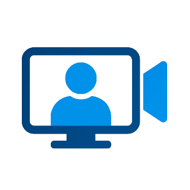 Computer monitor icon with a person silhouette and video camera symbol representing video conferencing