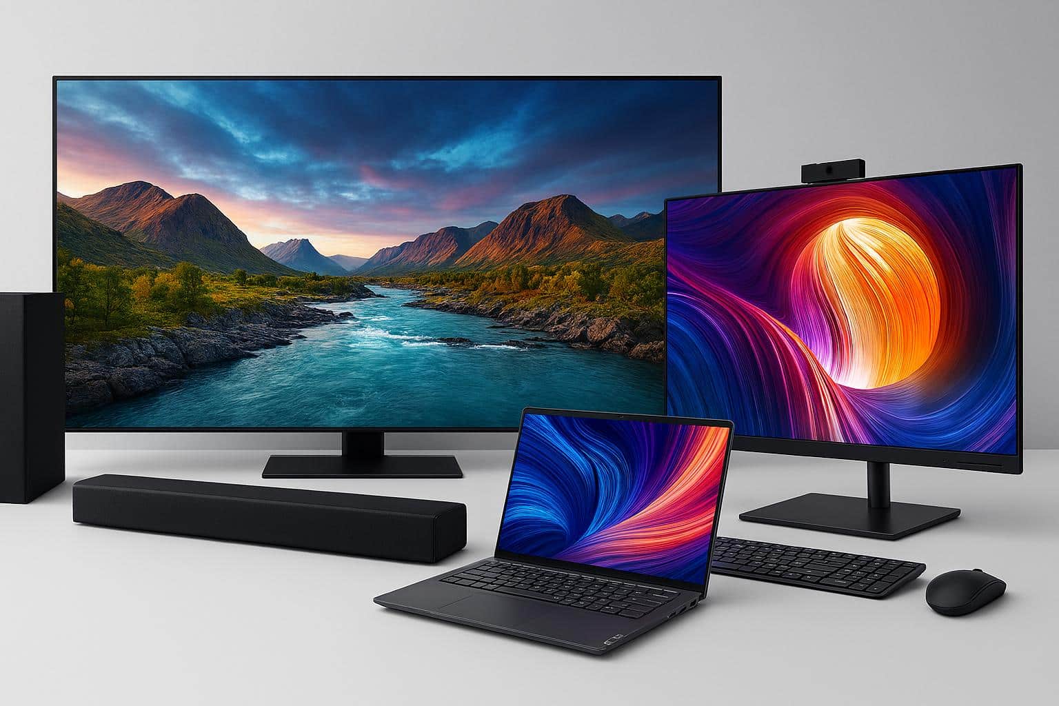 Modern consumer electronics setup featuring Samsung 4K television with vibrant landscape display, Samsung soundbar, and Lenovo laptop and desktop computer with colorful screens on a clean gray background.